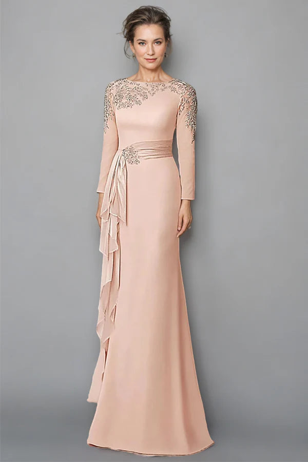 Sheath Blush Long Sleeve Mother Of The Bride Dress With Beading